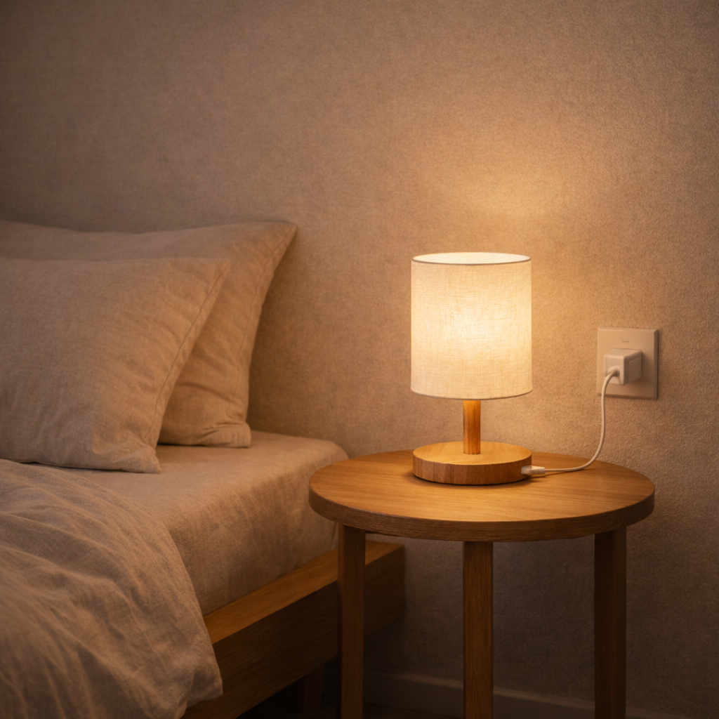 LED Table Lamp with USB in Linen and Wood - image 2