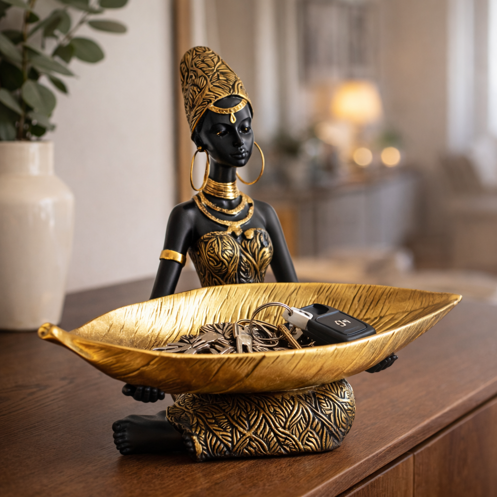 Decorative Table Sculpture for Living Room and Entryway with Functional Black and Gold Tray - image 2