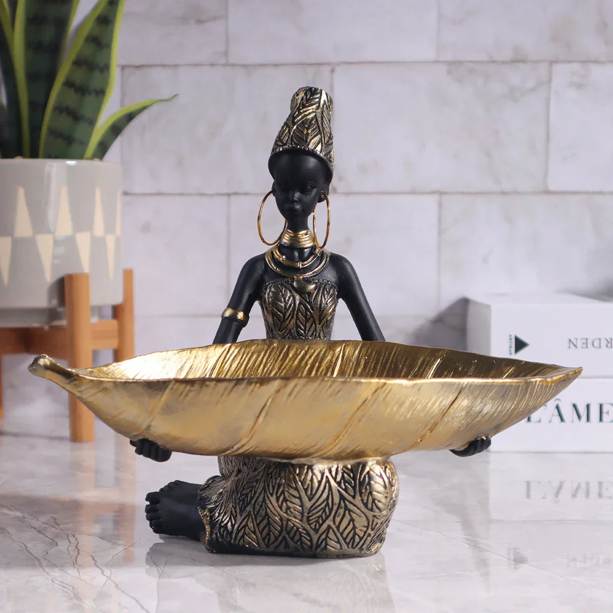 Decorative Table Sculpture for Living Room and Entryway with Functional Black and Gold Tray - image 5