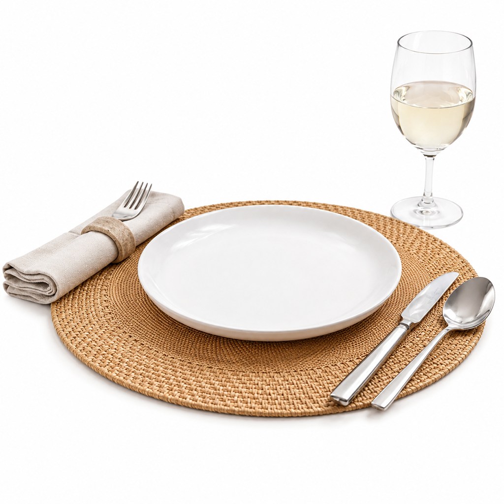 Handcrafted Round Placemat 38cm in Linen and Rattan