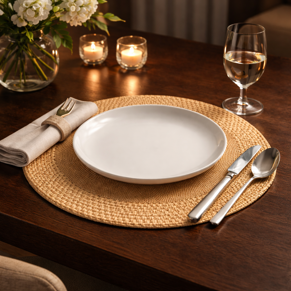 Handcrafted Round Placemat 38cm in Linen and Rattan - image 2
