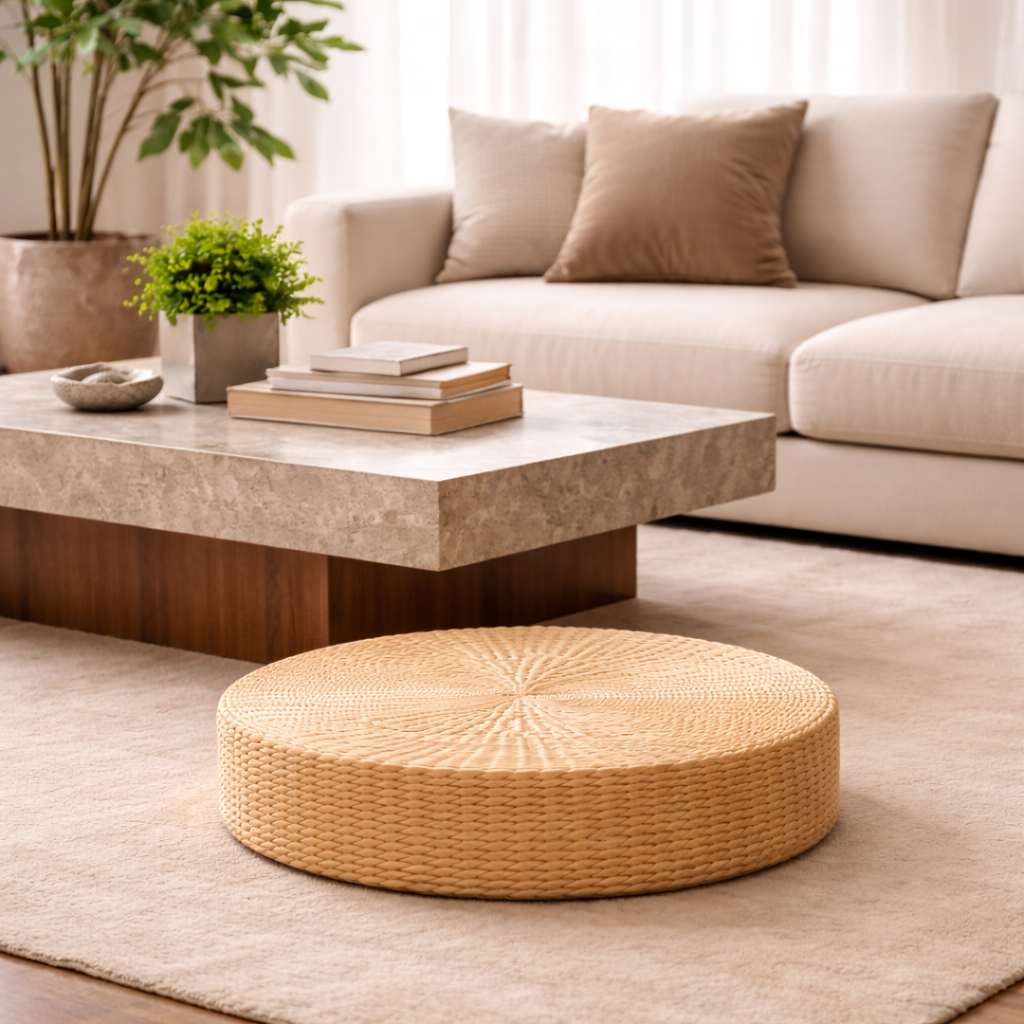 Round Floor Pouffe for Living Room and Meditation Natural Tatami Style - image 7